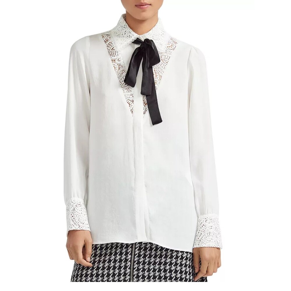 Maje Ciriane Silk Blouse White Guipure Lace Collar Button Down Size 2